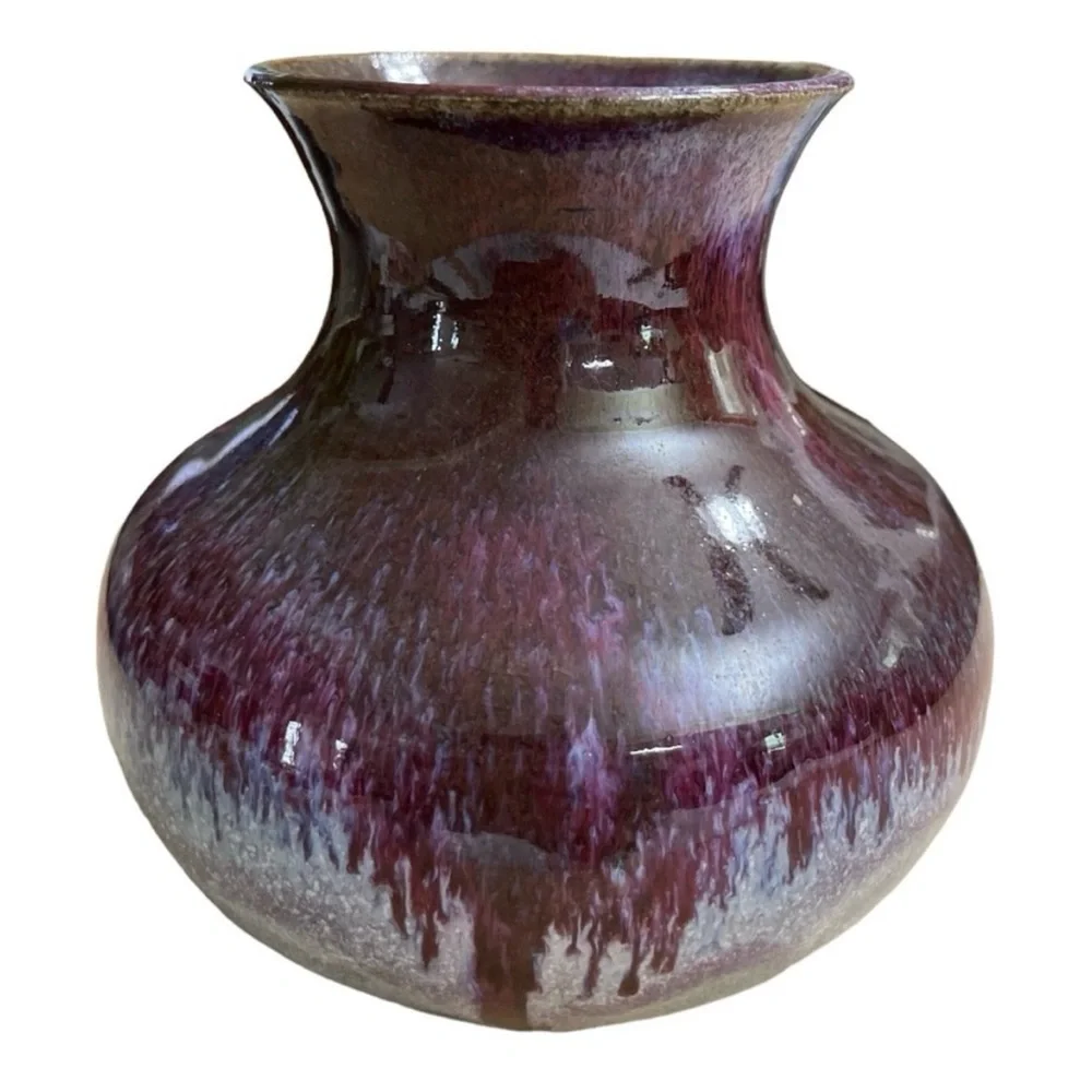 Signed MEG Studio Art Pottery Vase Purple Blue Brown Drip Glaze Handmade 5
